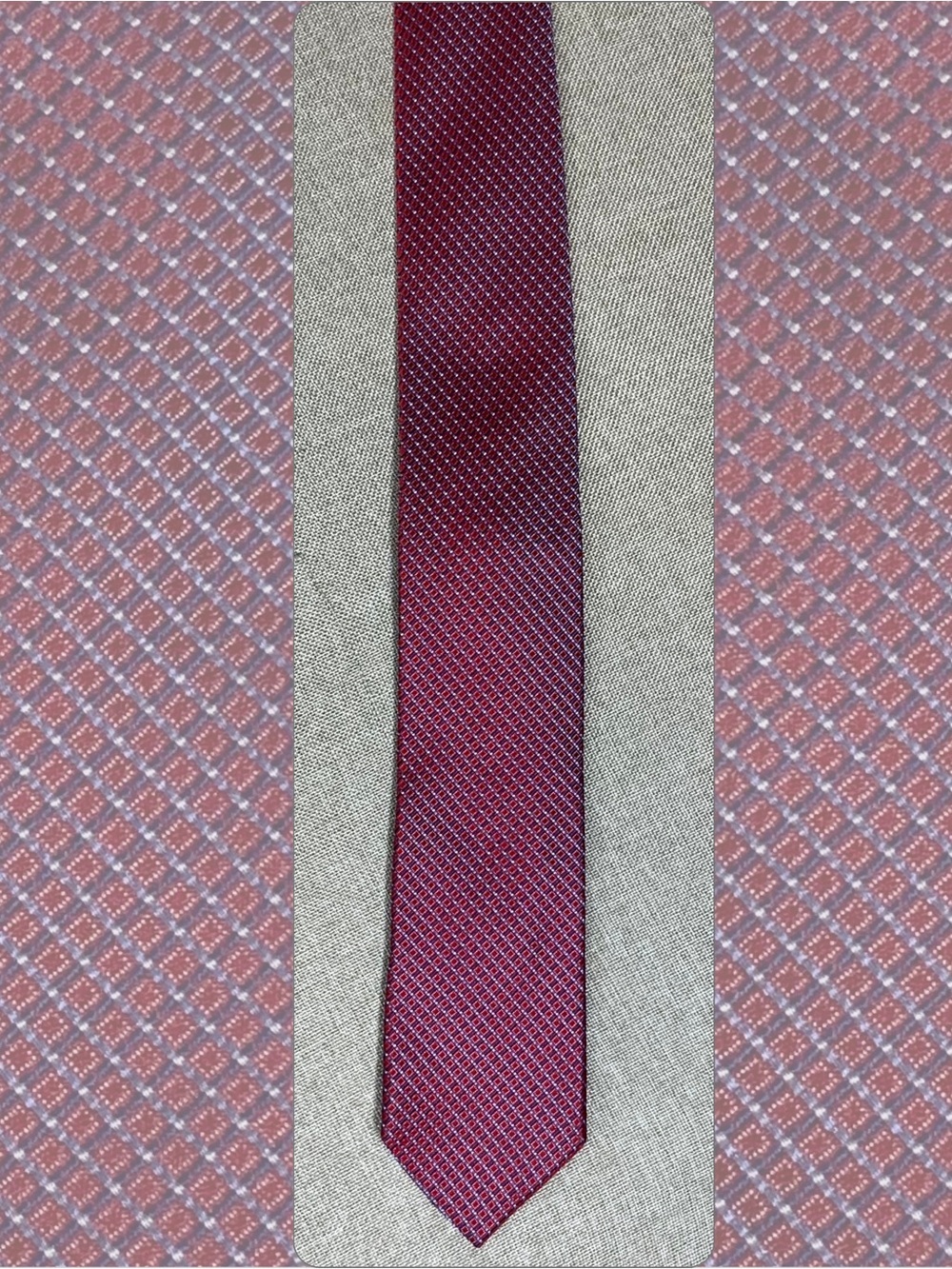 Burgundy Silk Necktie Blue Micro Check Italian Tie